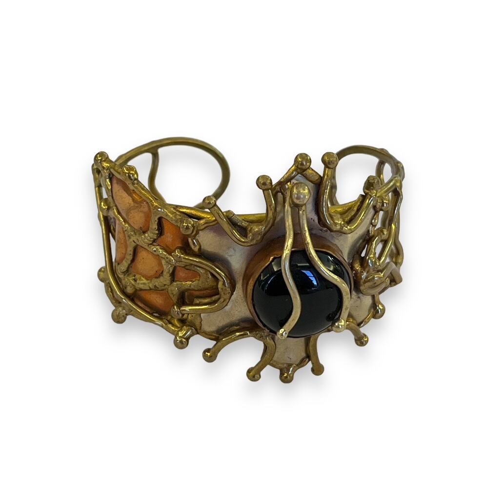 Vintage Brutalist Mixed Metal and Onyx Cuff Bracelet